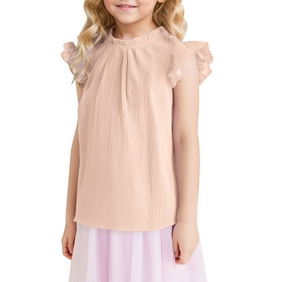 Krdevn Solid Color Ruffled Short Sleeve Casual Cute Girl Ruffled Neck Pleated Texture Shirt,13-14 Years