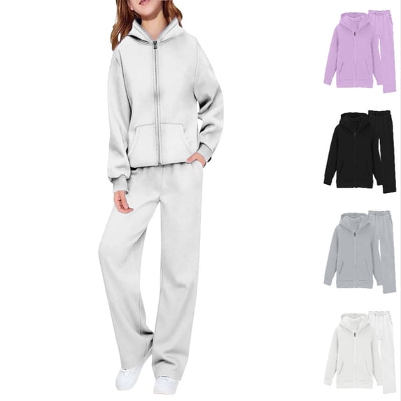 Krdevn Solid Color Zip Up Hoodie Tracksuit, High Stretch Wide Leg Pants 2 Piece Set for Girls Casual Sports Daily Wear,White