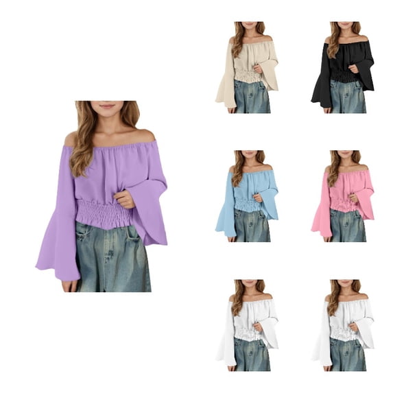 Krdevn Solid Colored Casual Off Shoulder Flare Sleeve Smocked Waist Blouse (Little Girls, Big Girls),11 Years
