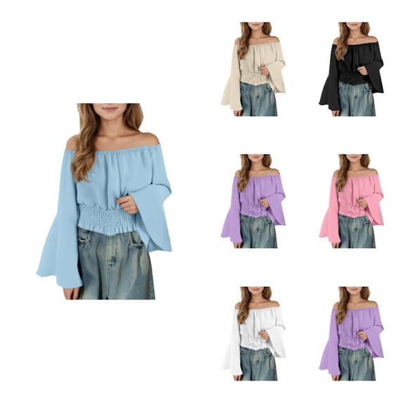 Krdevn Solid Colored Casual Off Shoulder Flare Sleeve Smocked Waist Blouse (Little Girls, Big Girls),14 Years