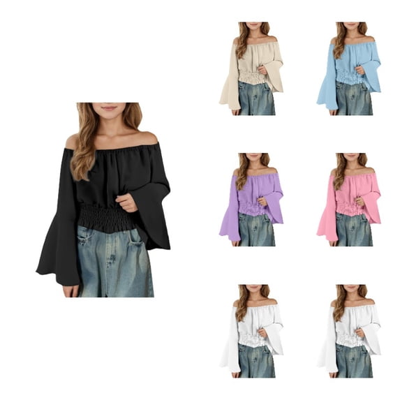 Krdevn Solid Colored Casual Off Shoulder Flare Sleeve Smocked Waist Blouse (Little Girls, Big Girls),14 Years