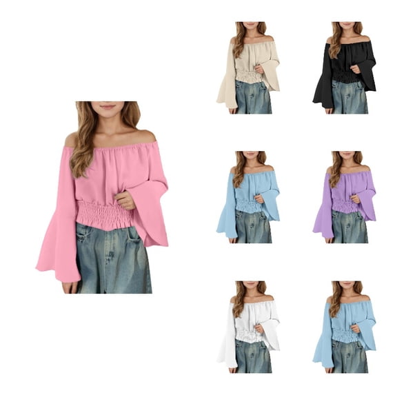 Krdevn Solid Colored Casual Off Shoulder Flare Sleeve Smocked Waist Blouse (Little Girls, Big Girls),5 Years