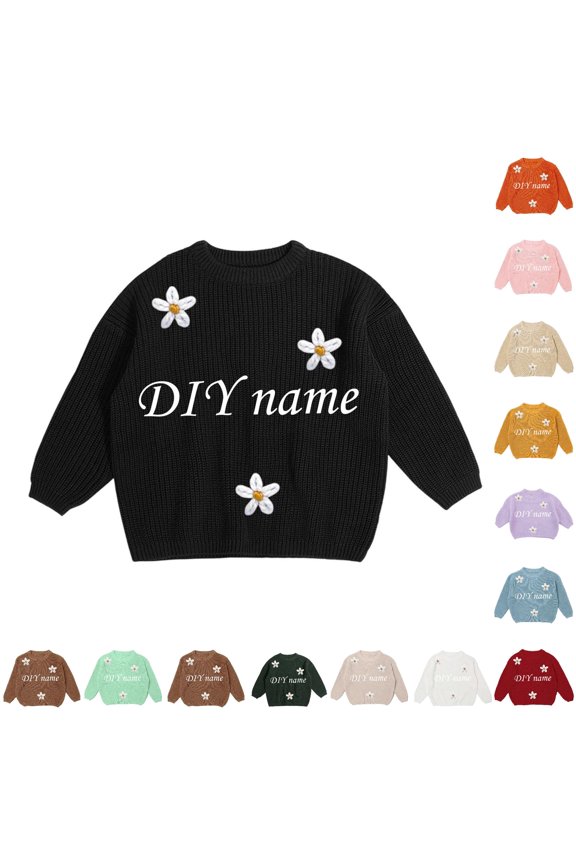 Krdevn Solid Custom DIY Name Daisy Flower Applique Crew Neck Long Sleeve Knit Pullover Sweater for Kids Personalized Back to School Casual Top 4-5 Years,Black