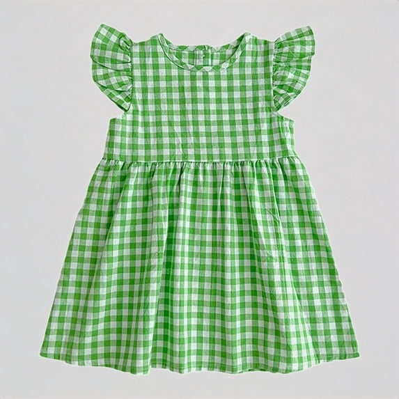 Krdevn Summer Girls' Checkered Dress with Flared Sleeves and Adorable Dress,7-8 Years