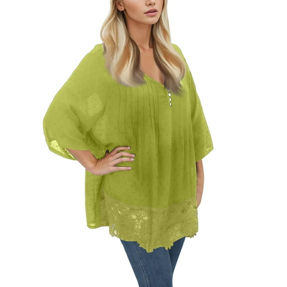 Krdevn T Shirt Quarter Plus Three Blouse Size Vintage Women V Neck Top Lace Ruffled Women's Blouse,Women's Tops, Tees & Blouses,Size:L