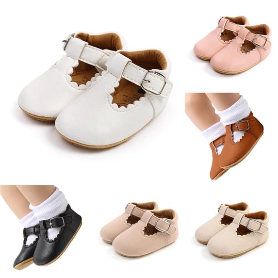 Krdevn T-Strap Baby Mary Jane Shoes, Soft Anti Sole Button Strap Princess Pre Walker Shoes for Girls,White