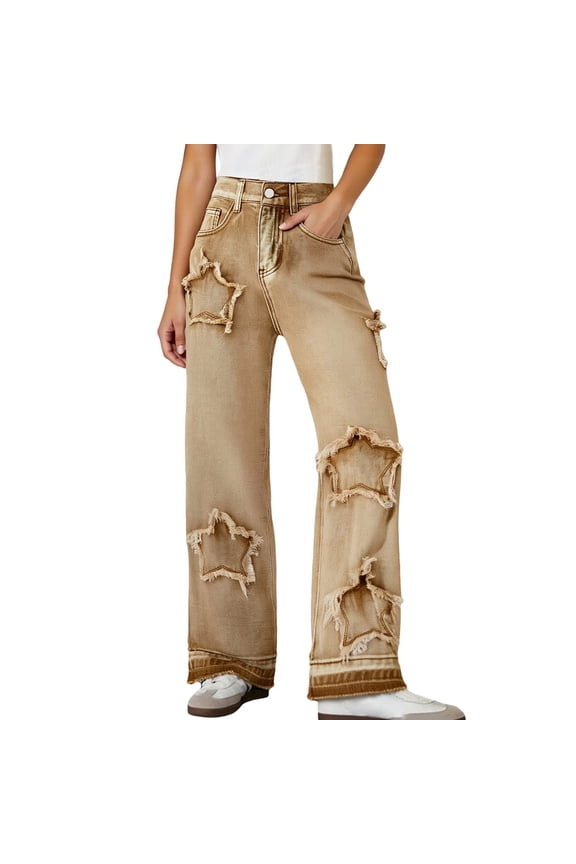 Girls' Star Patch Wide Leg Jeans, Tan Washed Distressed Denim, Casual Comfortable Elastic Waist Pants for Daily Wear,9-10 Years