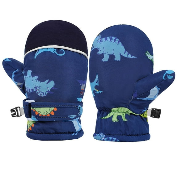 Krdevn Toddler Baby Winter Mittens Warm Waterproof Kids Gloves for Boys Girls Dinosaur Print Color Block Ski Snow Play,M
