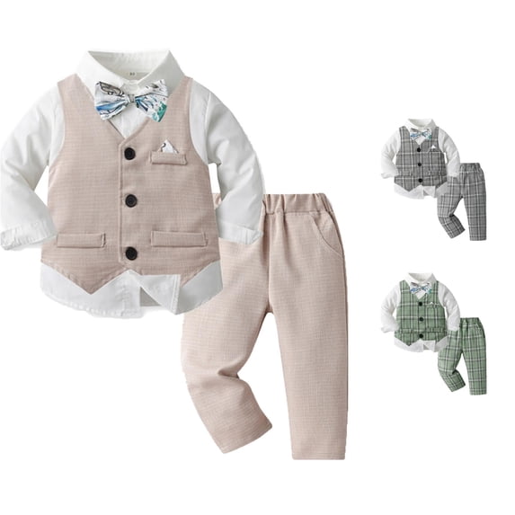 Krdevn Toddler Boys 4 Piece formal Outfit Plaid Vest Shirt Pants Bow Tie Wedding Party Gentleman Suit Set 6-7 Years,White