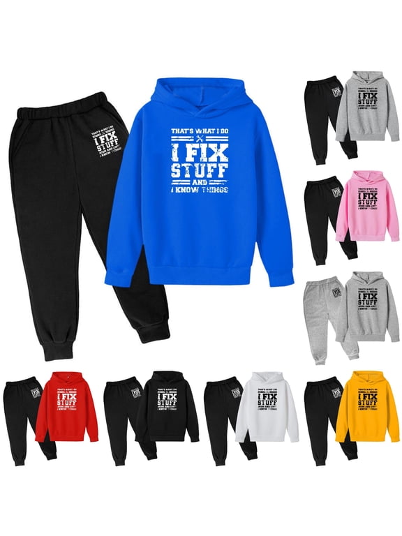 Krdevn Toddler Boys Back To School Clothes Double Side Distressed Mechanic Quote Graphic Hooded Top and Elastic Sweatpants 2 Piece Outfit Set 7-8 Years,Blue