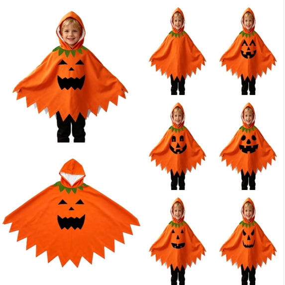 Krdevn Toddler Boys Girls Halloween Hooded Cloak Cartoon Expression Print Halloween Kid Role Play Fancy Dress Clothes