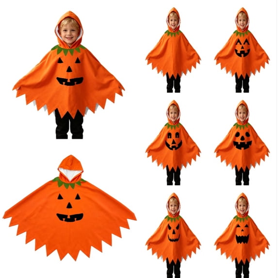 Krdevn Toddler Boys Girls Halloween Hooded Cloak Cartoon Expression Print Halloween Kid Role Play Fancy Dress Clothes
