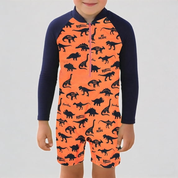 Krdevn Toddler Boys One-Piece Rash Guard Swimsuit Dinosaur Print Long Sleeve Half-Zip UPF 50+ Sun Protection Beach Pool Swim Set,7-8 Years