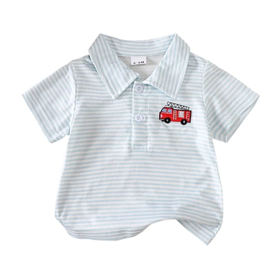 Krdevn Toddler Boys Striped Fire Truck Embroidered Polo Shirt Short Sleeve Casual Top,2-3 Years