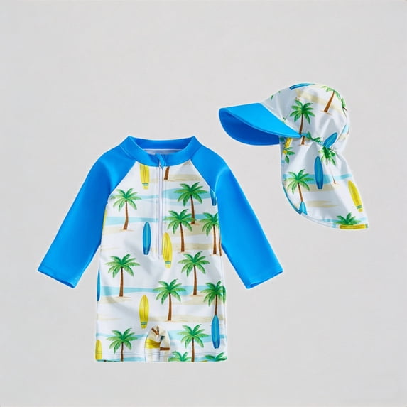 Krdevn Toddler Boys Two Piece Rash Guard Swimsuit Turtle Print Long Sleeve Half Zip With Sun Hat UPF 50+ Beach Swimwear,2-3 Years