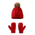 thumbnail image 1 of Krdevn Toddler Cable Knit Pom Pom Hat and Mittens 2 Piece Set Soft Warm Winter Knit Headwear Gloves for Boys Girls, 1 of 3