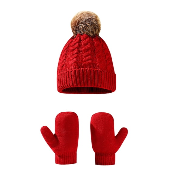 Krdevn Toddler Cable Knit Pom Pom Hat and Mittens 2 Piece Set Soft Warm Winter Knit Headwear Gloves for Boys Girls