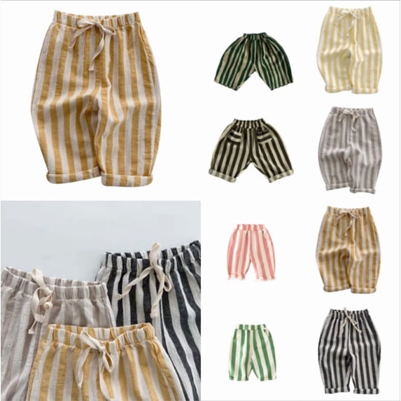 Krdevn Toddler Cotton Striped Pants, Elastic Waist Drawstring Casual Trousers,Yellow