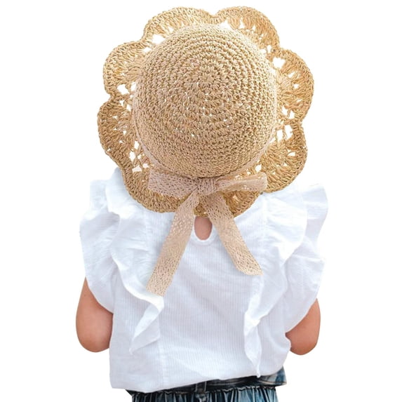 Krdevn Toddler Girl Handmade Woven Straw Hat Hollow Knit Floppy Brim Lace Ribbon Bow Casual Outdoor Cap Size:M