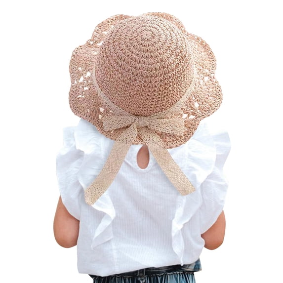 Krdevn Toddler Girl Handmade Woven Straw Hat Hollow Knit Floppy Brim Lace Ribbon Bow Casual Outdoor Cap Size:S