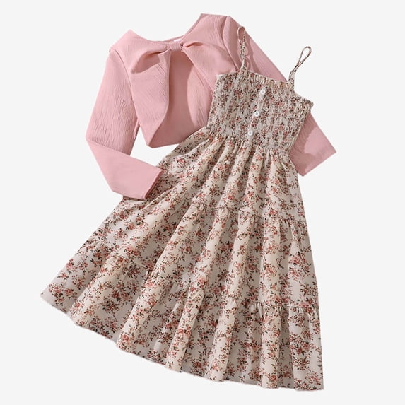 Krdevn Toddler Girls 2 Piece Outfit, Ruffle Long Sleeve Knit Shrug + Sleeveless Floral Bow Dress for Spring Fall,Red