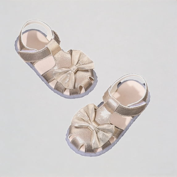 Krdevn Toddler Girls Closed-Toe Metallic Gold Bow Sandals Strap Closure Soft Non- Sole Breathable Lightweight Summer Beach Walking Shoes,7