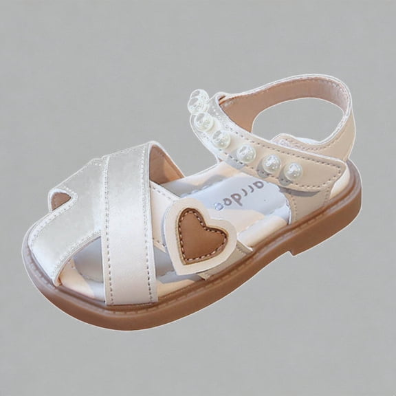Krdevn Toddler Girls' Closed-Toe Sandals Heart Pearl Decor Lightweight Breathable Comfortable Summer Footwear for Play and Adventure,Sizes 12-15 Months