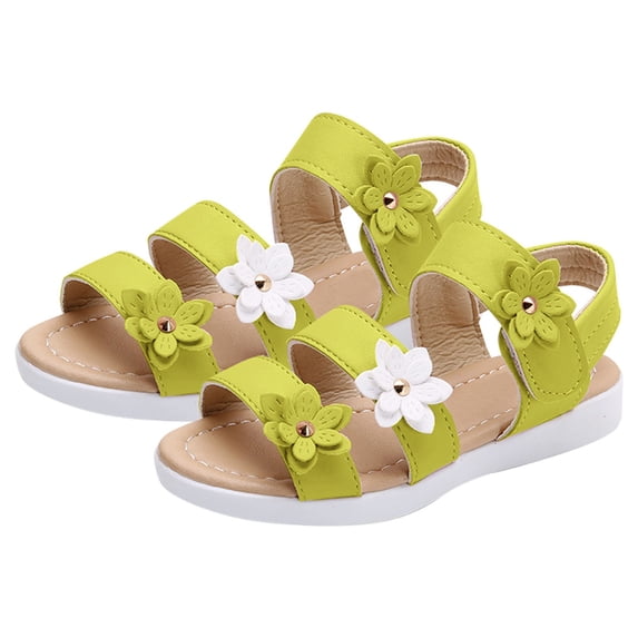Krdevn Toddler Girls' Floral Sandals, Double Strap Adjustable Hook and Loop Soft Sole Non- Cute Princess Flat Shoes for Summer,Sizes 4.5-5 Years