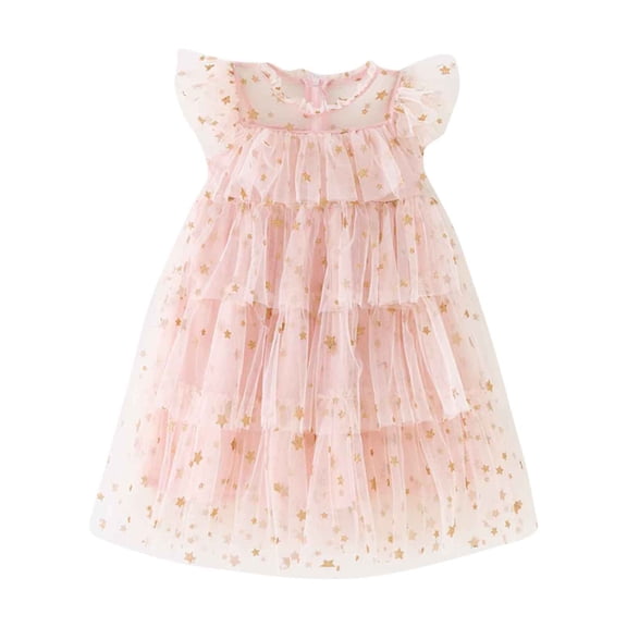 Krdevn Toddler Girls Fly Sleeve Star Dot Ruffle Dress, Sequin Tutu Party Dress for Carnival Celebration,12-18 Months