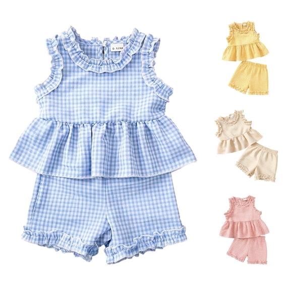 Krdevn Toddler Girls Gingham Ruffle 2 Piece Outfit Sleeveless Top and Shorts Set,2-3 Years