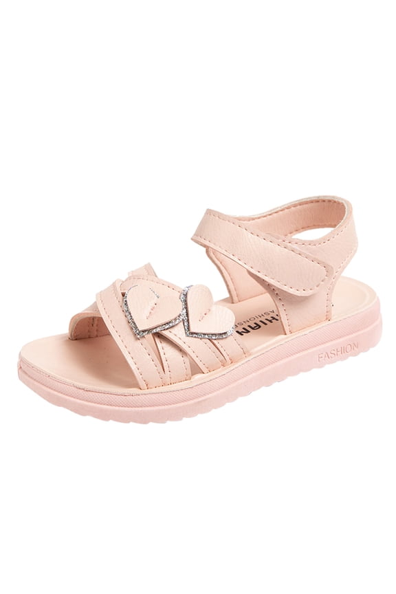 Krdevn Toddler Girls' Heart Sandals, Glitter Trim Double Heart Decor Adjustable Hook and Loop Strap Soft Thick Sole Princess Sandals for Kids,Sizes 3.5-4 Years