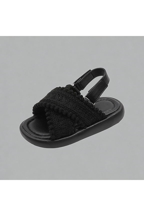 Toddler Girls' Open-Toe Sandals Crochet Pom-Pom Crisscross Strap Adjustable Buckle Lightweight Breathable Summer Casual Shoes for Kids,Sizes 21