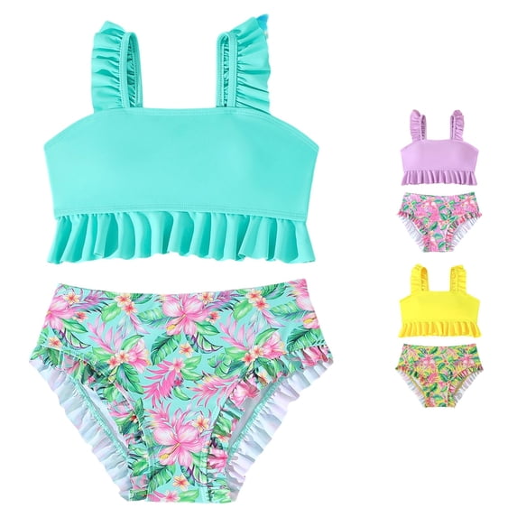 Krdevn Toddler Girls Ruffle Strap Solid Top Tropical Floral Two Piece Bikini Summer Beach Pool Swimwear,12-13 Years