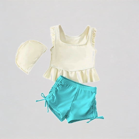 Krdevn Toddler Girls Two Piece Swimsuit Ruffle Tankini Top With Shorts And Swim Cap Beach Swimwear,3-4 Years