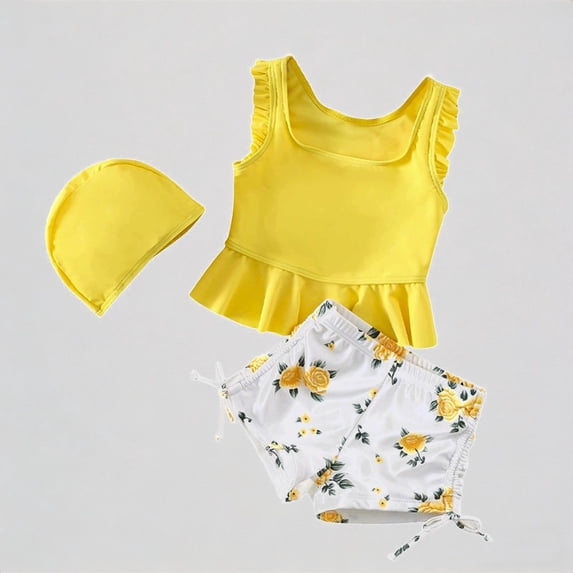 Krdevn Toddler Girls Two Piece Swimsuit Ruffle Tankini Top With Shorts And Swim Cap Beach Swimwear,4-5 Years