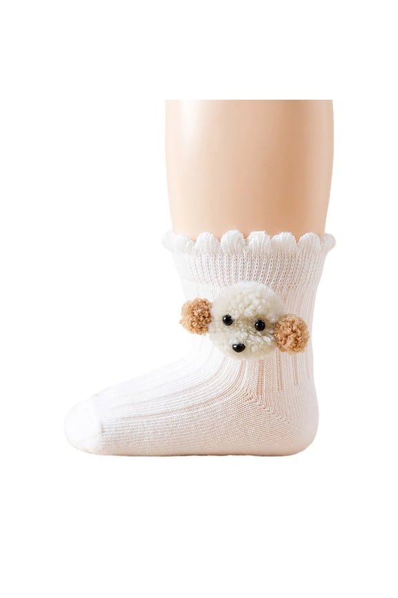 Krdevn Toddler Kids Solid Ruffle Cuff Ankle Socks 3D Fluffy Poodle Dog Cartoon Decorative Socks for Baby Girls Size:3-5 Years