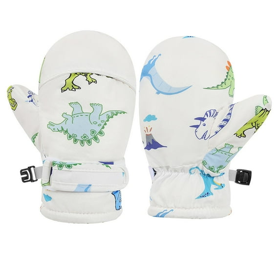 Krdevn Toddler & Kids Winter Mittens, Waterproof Snow Gloves for Baby Boys & Girls, Dinosaur Print Color-Block Design,2-4 Years