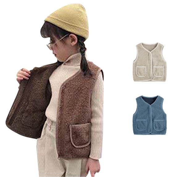 Krdevn Toddler Puffer Vest, Boys Girls Puffy Vest Fuzzy sherpa Vests, Warm Winter Sleeveless Jackets Coats, Zipper,Side Pockets,Crew Neck,Coffee