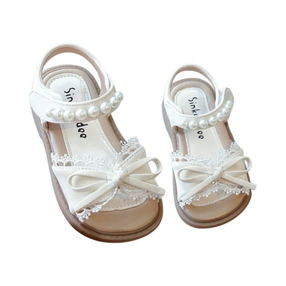 Krdevn Toddlers Girls Princess Sandals - Pearl Lace Bow Comfortable Sole Footwear for Summer Beach Outdoor Casual Everyday Wear,5-5.5 Years