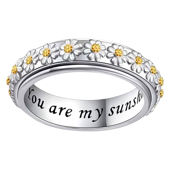 Krdevn Two Tone Daisy Spinner Ring Engraved Rotating Band Stackable Comfort Fit Promise Ring for Women Gift Sizes 6-10
