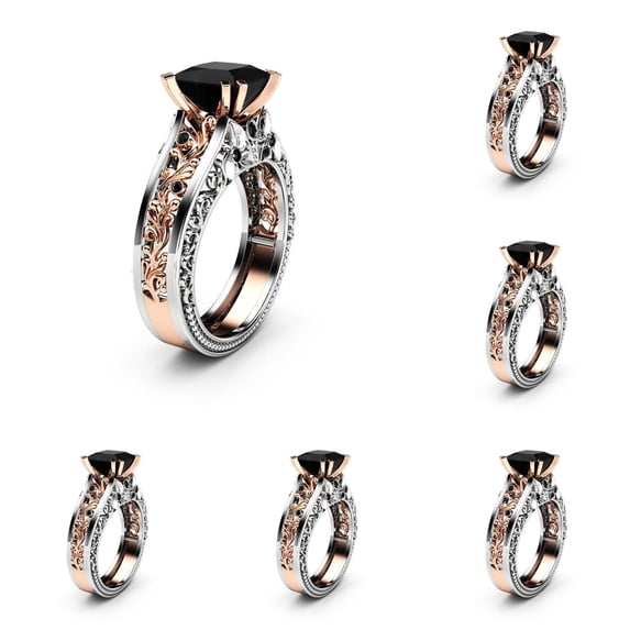 Krdevn Two Tone Rose Silver Plated Vintage Floral Filigree Black CZ Solitaire Engagement Ring Split Shank Women Wedding Finger Jewelry