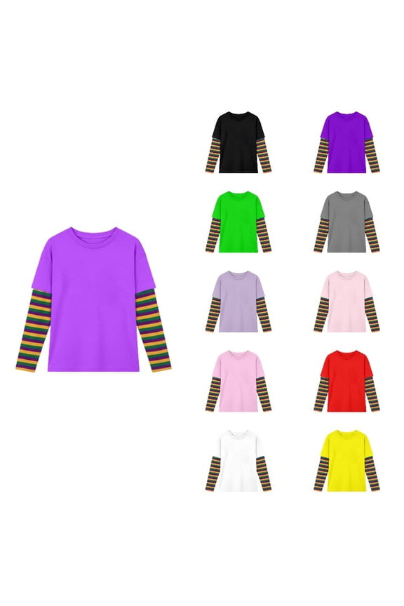 Twofer Long Sleeve Tee with Striped Underlayer Sleeves (Unisex),3-4 Years
