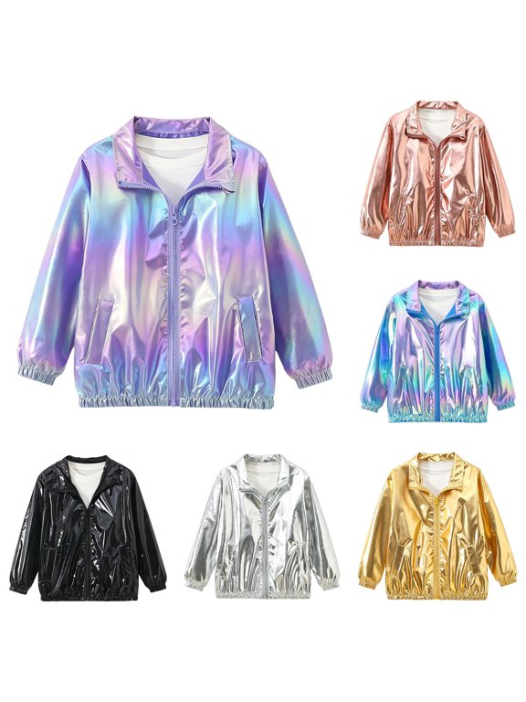 Krdevn Unisex Kids Metallic Shiny Zip Jacket, Lapel Collar Long Sleeve Fashion Casual Coat Trendy Boys Girls Coat for Spring Fall,Purple