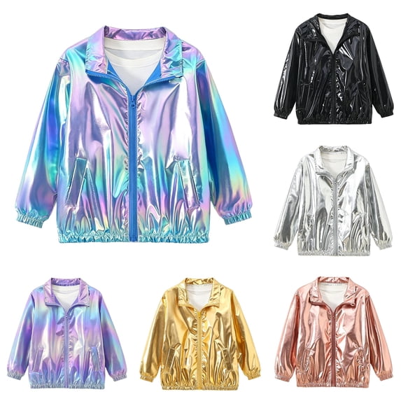 Krdevn Unisex Kids Metallic Shiny Zip Jacket, Lapel Collar Long Sleeve Fashion Casual Coat Trendy Boys Girls Coat for Spring Fall,Sky Blue