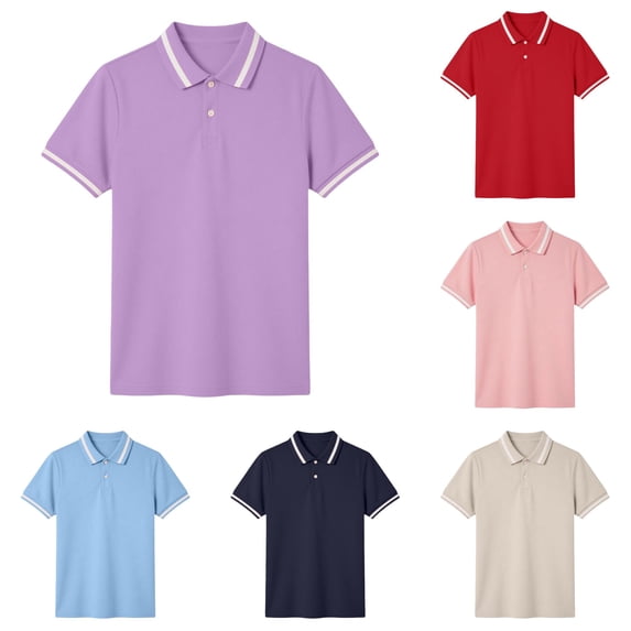 Krdevn Unisex Kids Solid Striped Collar Short Sleeve Button Polo Shirt Breathable Casual School Top,13-14 Years