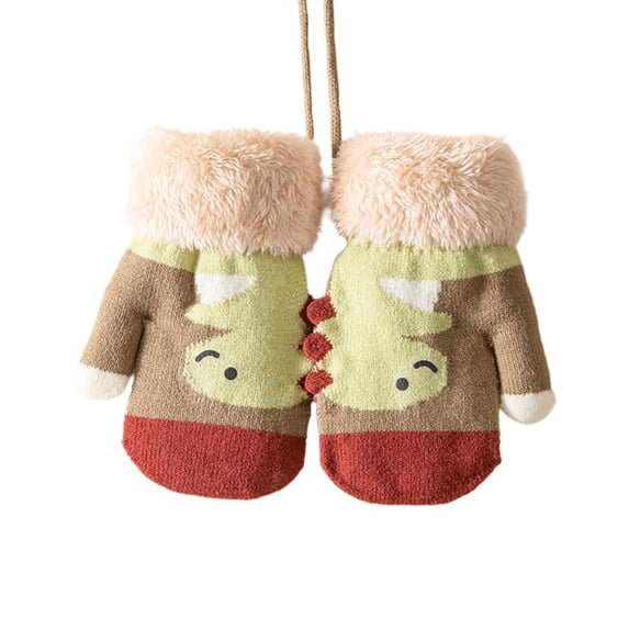Krdevn Unisex Kids Winter Knitted Mittens Cartoon Dinosaur Pattern Thermal Warm Mittens with Furry Anti Lost Neck String Cold Weather Outdoor Gloves for Boys Girls Size:1-5 Years
