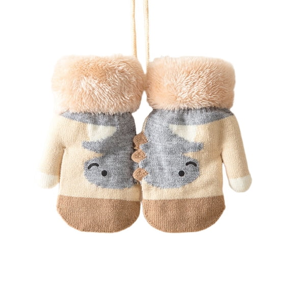 Krdevn Unisex Kids Winter Knitted Mittens Cartoon Dinosaur Pattern Thermal Warm Mittens with Furry Anti Lost Neck String Cold Weather Outdoor Gloves for Boys Girls Size:1-5 Years