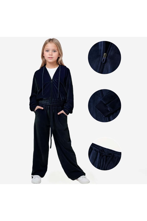 Velvet Tracksuit for Girls Cozy Fall Winter Outfit with Hooded Sweatshirt and Jogger Pants Casual Two Piece,Size:10-11 Years