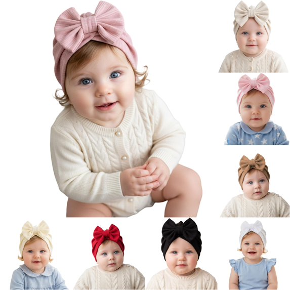 Krdevn Vertical Stripe Baby Turban Hat Big Matching Fabric Bow Soft Stretchy Warm Knit Head Wrap Cap for Toddler Girls
