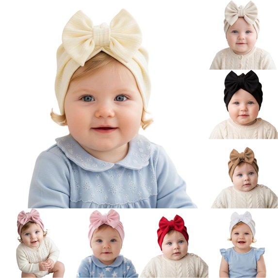 Krdevn Vertical Stripe Baby Turban Hat Big Matching Fabric Bow Soft Stretchy Warm Knit Head Wrap Cap for Toddler Girls